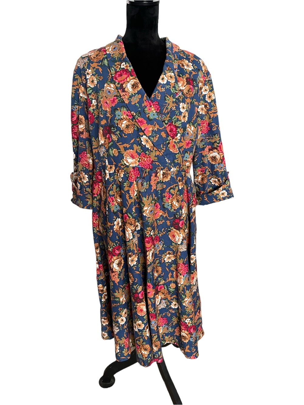 LindyBop Blue Floral Long-Sleeve Wrap Dress